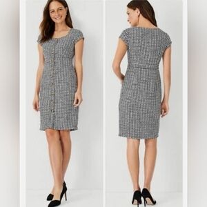 Ann Taylor Tweed Black and White Gingham Patterned Midi Dress